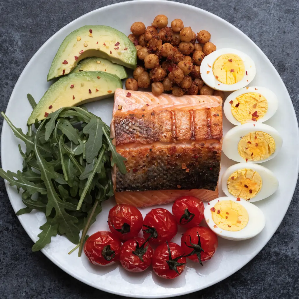 Healthy salmon power bowl with quinoa, avocado, cucumber, and vegetables