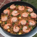 Homemade one skillet shrimp fried rice with shrimp, vegetables, and rice in a skillet