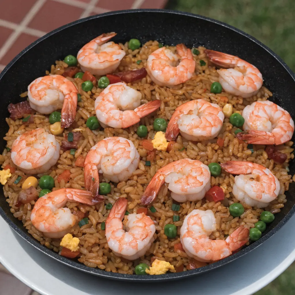Homemade one skillet shrimp fried rice with shrimp, vegetables, and rice in a skillet