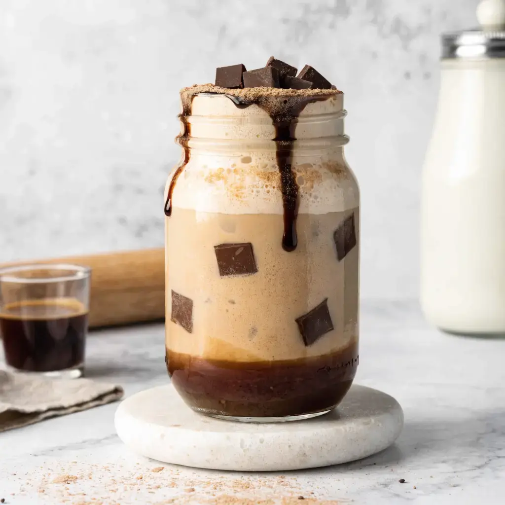Homemade iced mocha served in a tall glass with whipped cream and chocolate drizzle