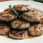 Homemade maple chicken breakfast sausage patties on a breakfast plate