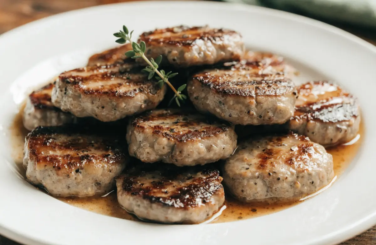 Homemade maple chicken breakfast sausage patties on a breakfast plate