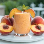Creamy peach smoothie with frozen peaches in a glass