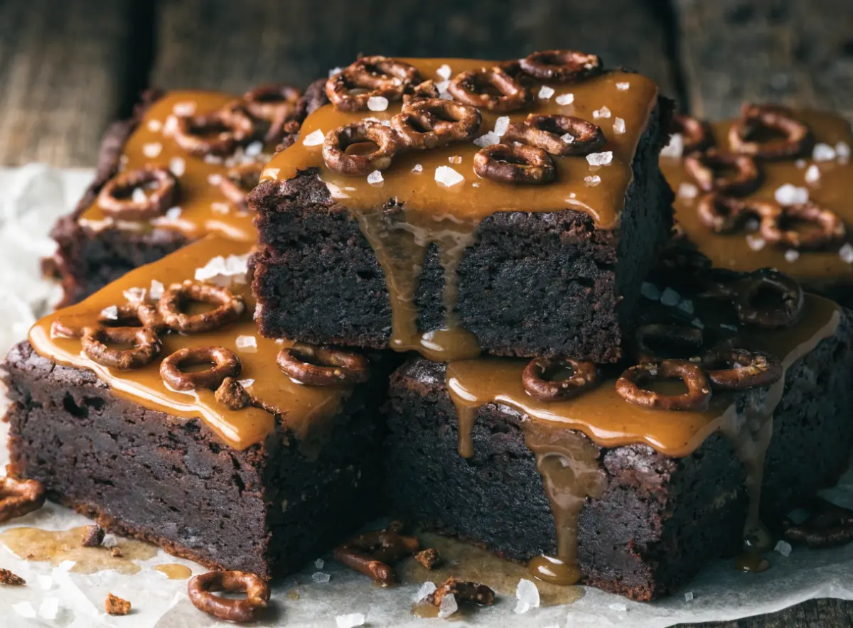 Salted caramel pretzel brownies topped with flaky sea salt