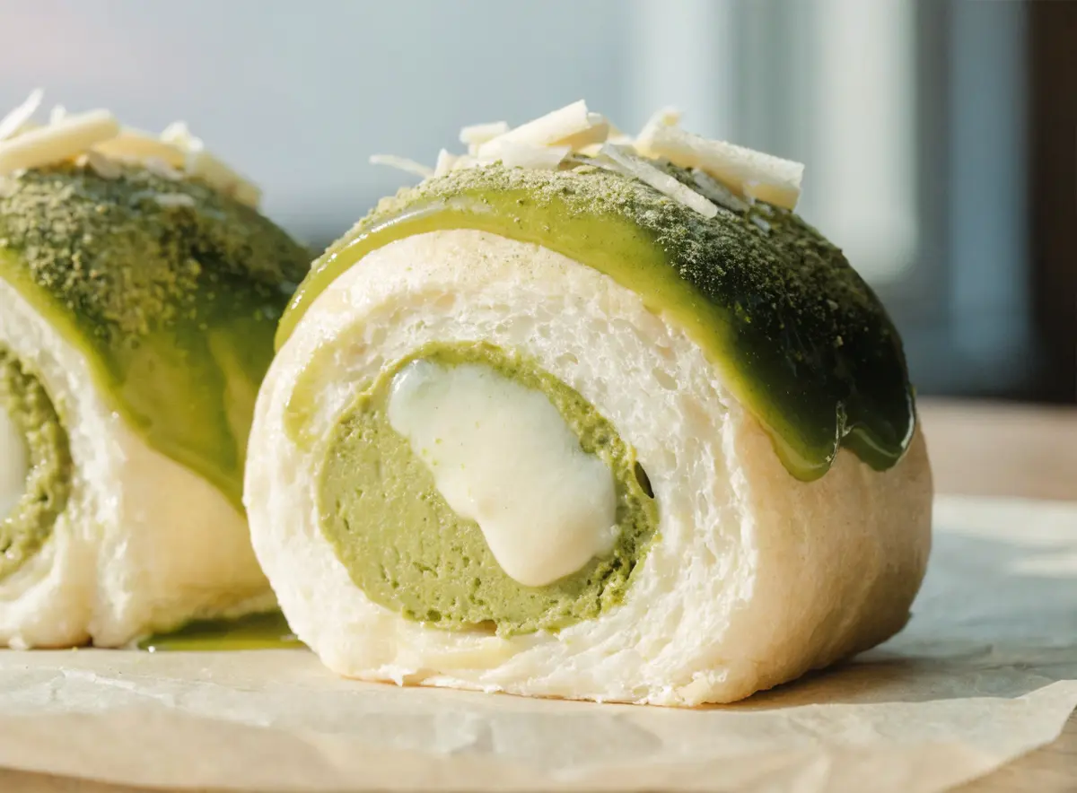 Baked matcha custard and white chocolate rolls