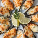 Golden garlic Parmesan baked mussels recipe with crispy breadcrumbs and fresh parsley