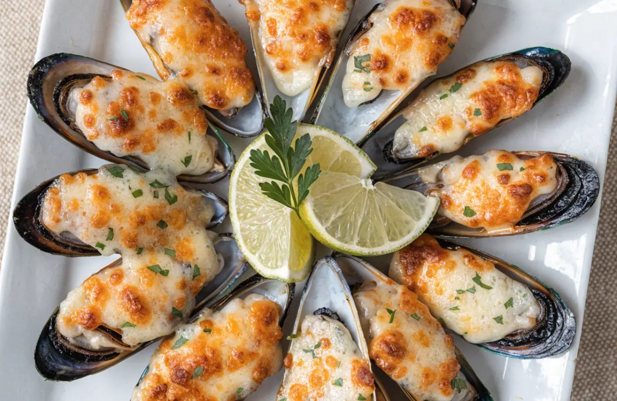 Golden garlic Parmesan baked mussels recipe with crispy breadcrumbs and fresh parsley