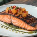 Chipotle Salmon with Orange Salsa and Aji Verde served on a platter