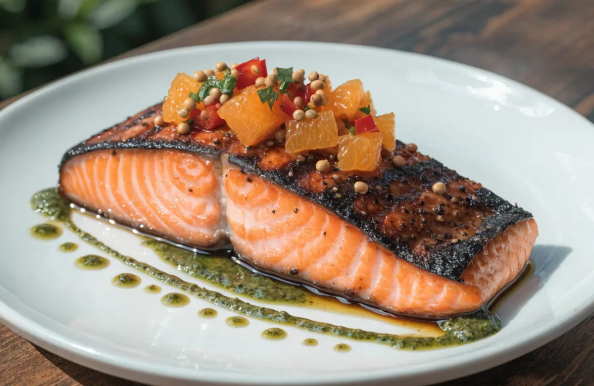 Chipotle Salmon with Orange Salsa and Aji Verde served on a platter