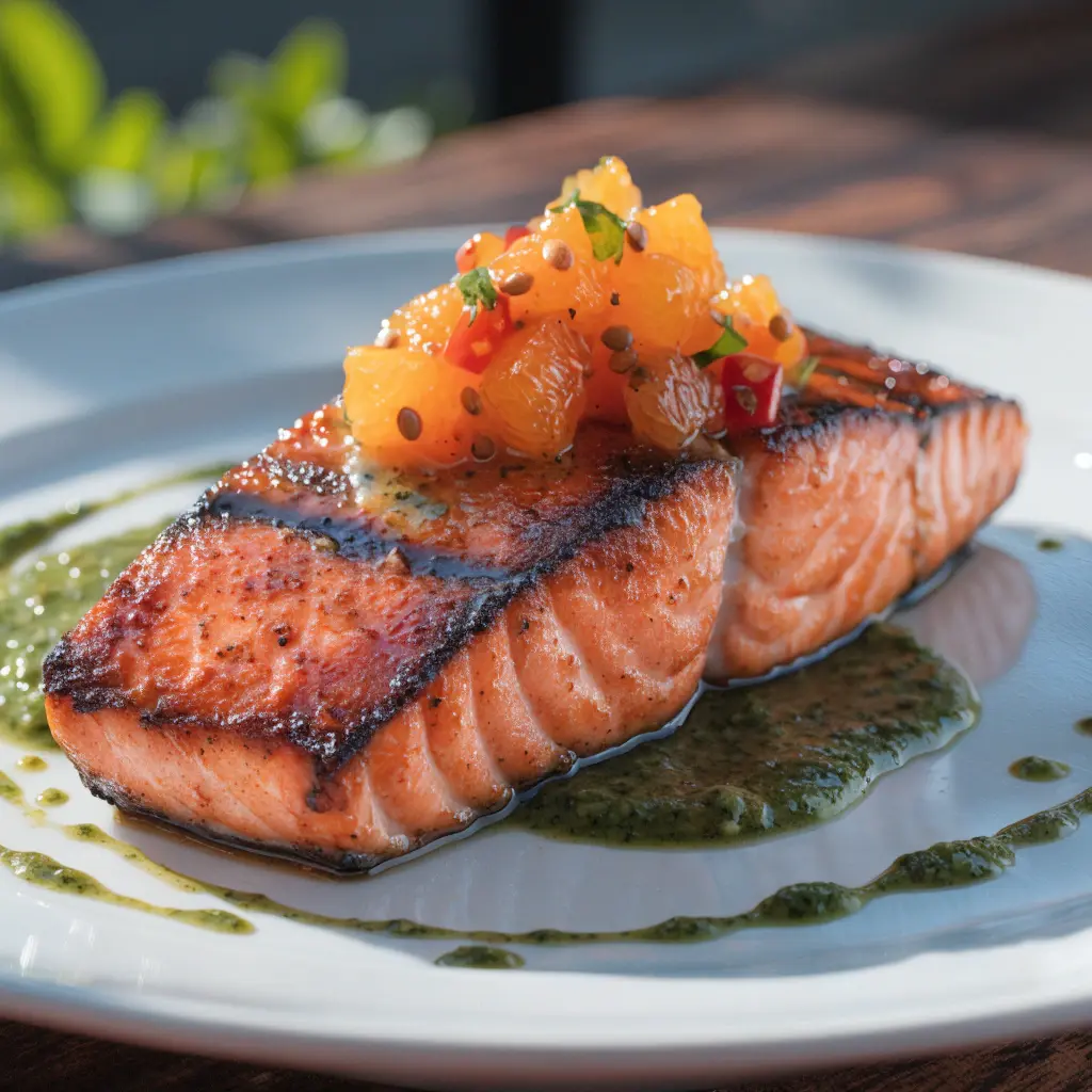 Chipotle Salmon with Orange Salsa and Aji Verde