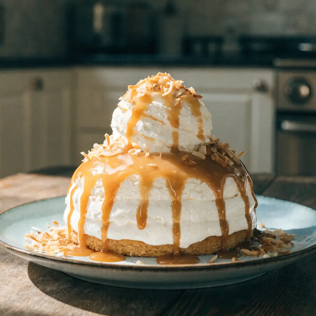 Coconut Cream Sunday Cake topped with toasted coconut and creamy frosting