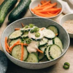 Creamy Sushi Cucumber Salad served with sesame seeds, green onions, and nori strips