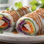 Detox Rainbow Roll-Ups with Peanut Sauce served on a platter