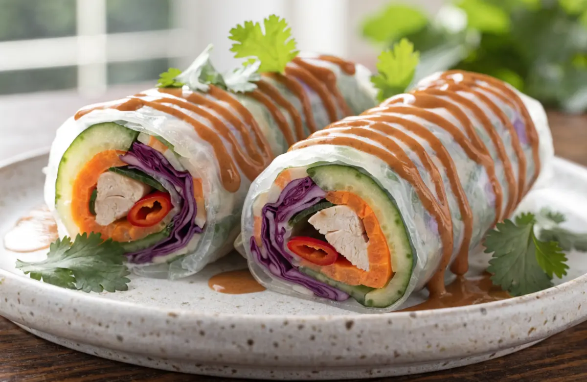 Detox Rainbow Roll-Ups with Peanut Sauce served on a platter