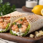 Grilled Shrimp Caesar Wraps Recipe cut in half with grilled shrimp and Caesar salad filling