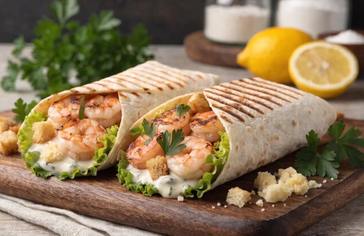 Grilled Shrimp Caesar Wraps Recipe cut in half with grilled shrimp and Caesar salad filling