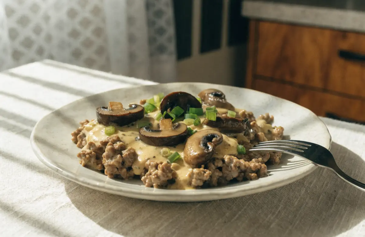 Hamburger Meat Stroganoff Recipe with ground beef, mushrooms, and creamy sauce served over egg noodles