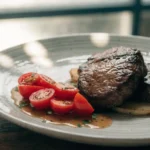 Honey Soy Steak with Cherry Tomato Salad served on a platter