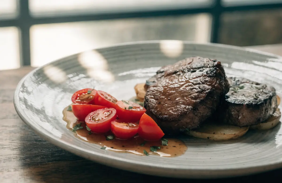 Honey Soy Steak with Cherry Tomato Salad served on a platter