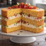 Layered Cornbread Cake Recipe served with honey butter and fresh herbs
