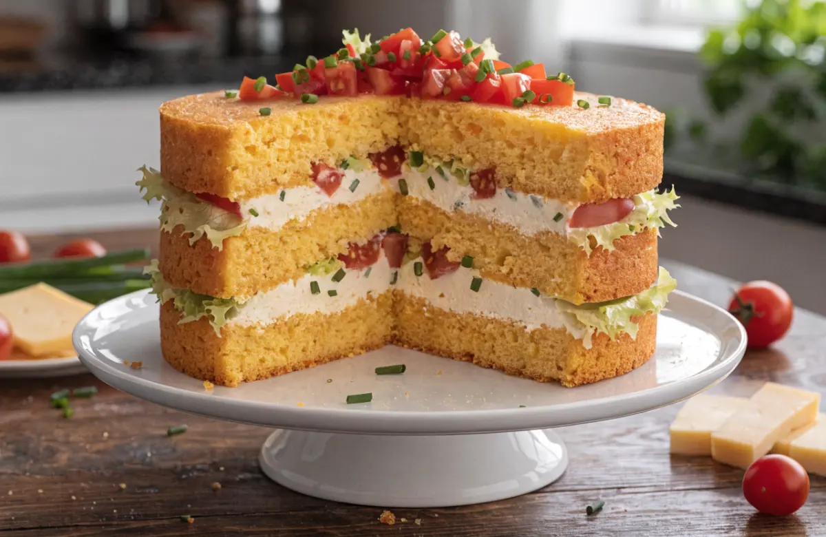 Layered Cornbread Cake Recipe served with honey butter and fresh herbs