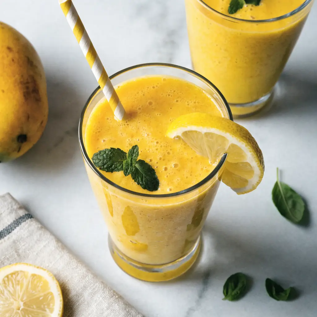 Refreshing mango lemonade recipe in a glass with ice, fresh mango, lemon slices, and mint leaves.