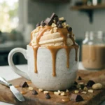 Peanut Butter Mug Cake Recipe served in a mug with melted peanut butter and chocolate chips