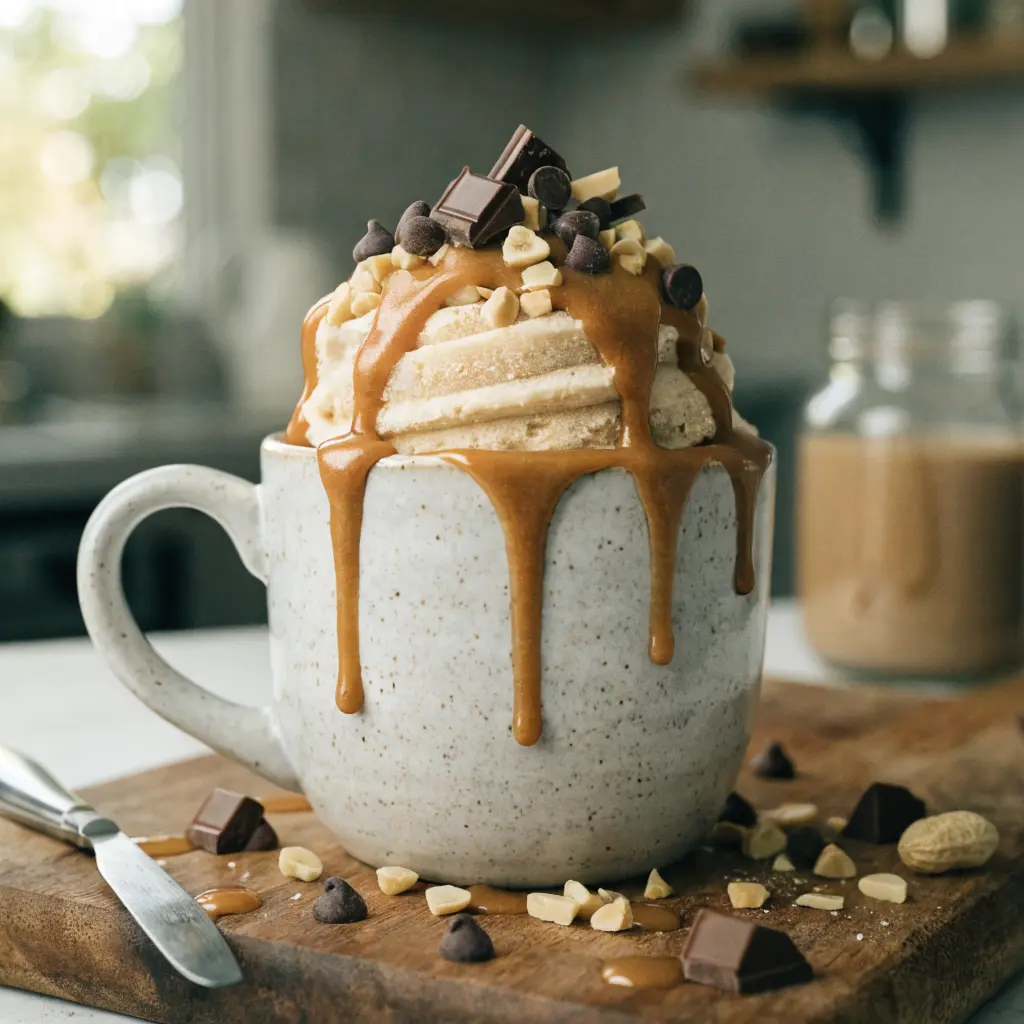 Peanut Butter Mug Cake Recipe served in a mug with melted peanut butter and chocolate chips