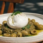 Smashed Olives with Burrata served with fresh herbs and crusty bread