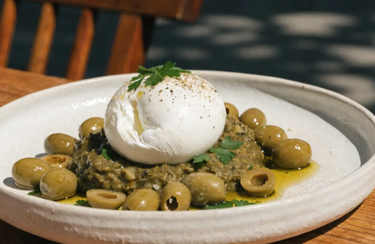 Smashed Olives with Burrata served with fresh herbs and crusty bread