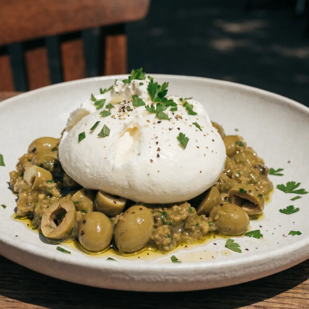 Smashed Olives with Burrata