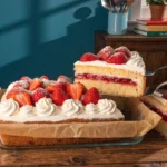 Strawberry Jam Shortcake Sheet Cake topped with whipped cream and fresh strawberries