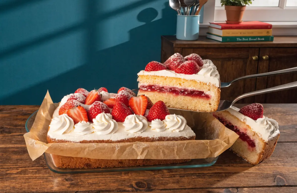 Strawberry Jam Shortcake Sheet Cake topped with whipped cream and fresh strawberries