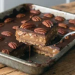 Freshly baked Turtle Pecan Dump Cake topped with caramel drizzle, melted chocolate, and crunchy pecans