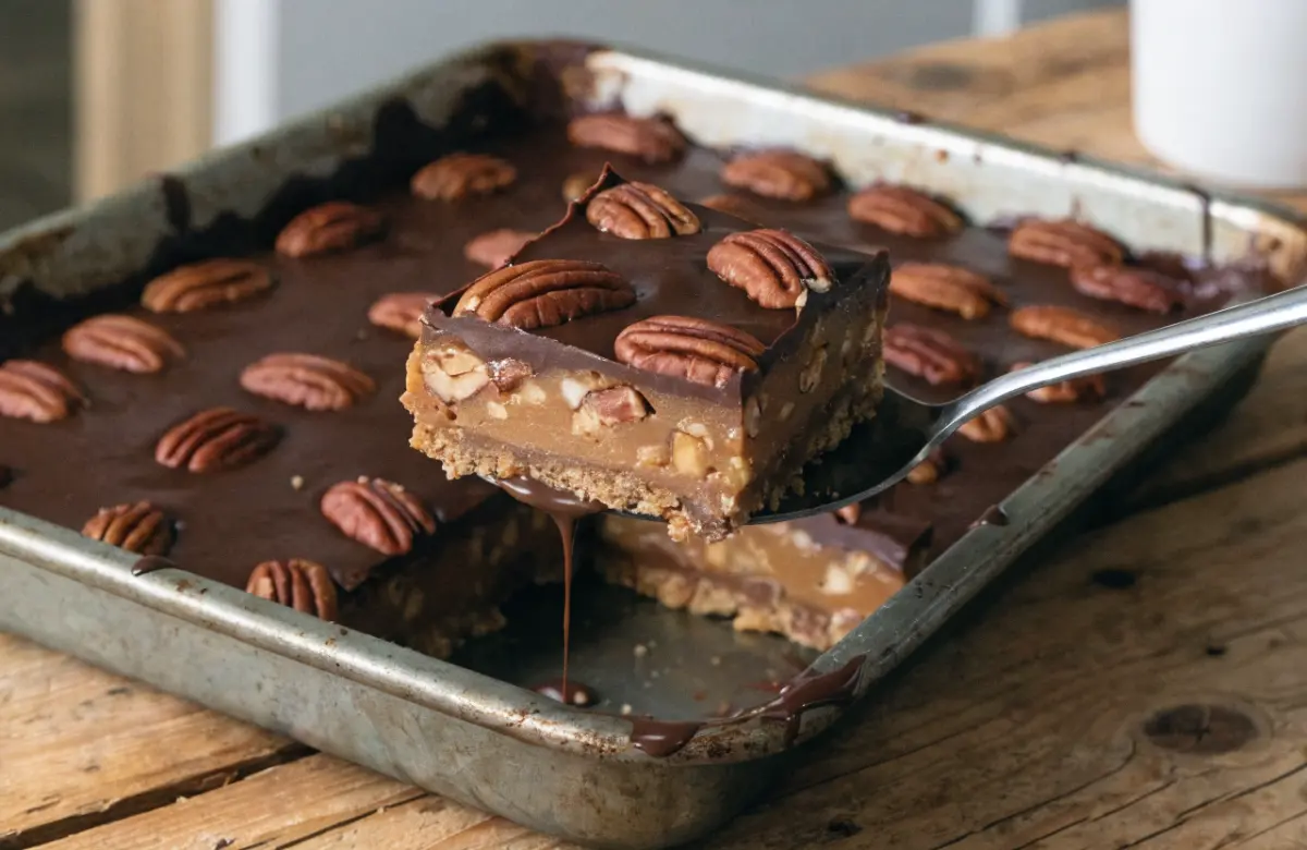 Freshly baked Turtle Pecan Dump Cake topped with caramel drizzle, melted chocolate, and crunchy pecans