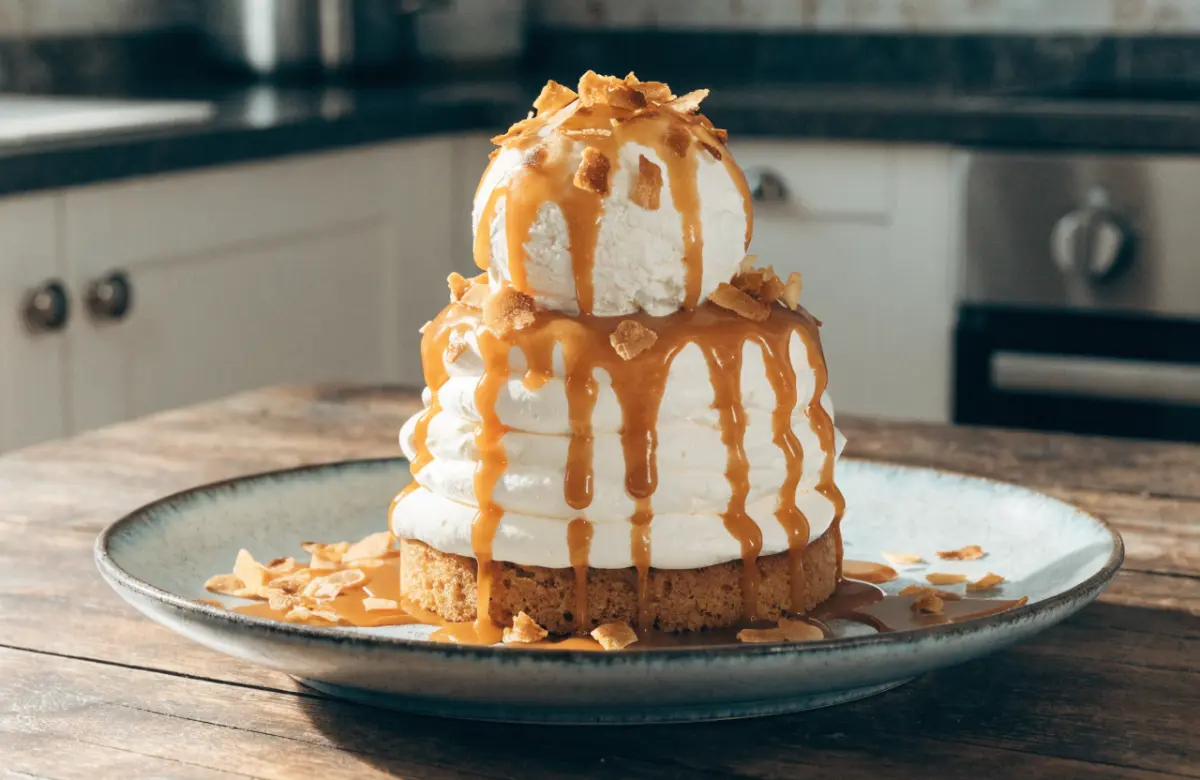 Coconut Cream Sunday Cake topped with toasted coconut and creamy frosting