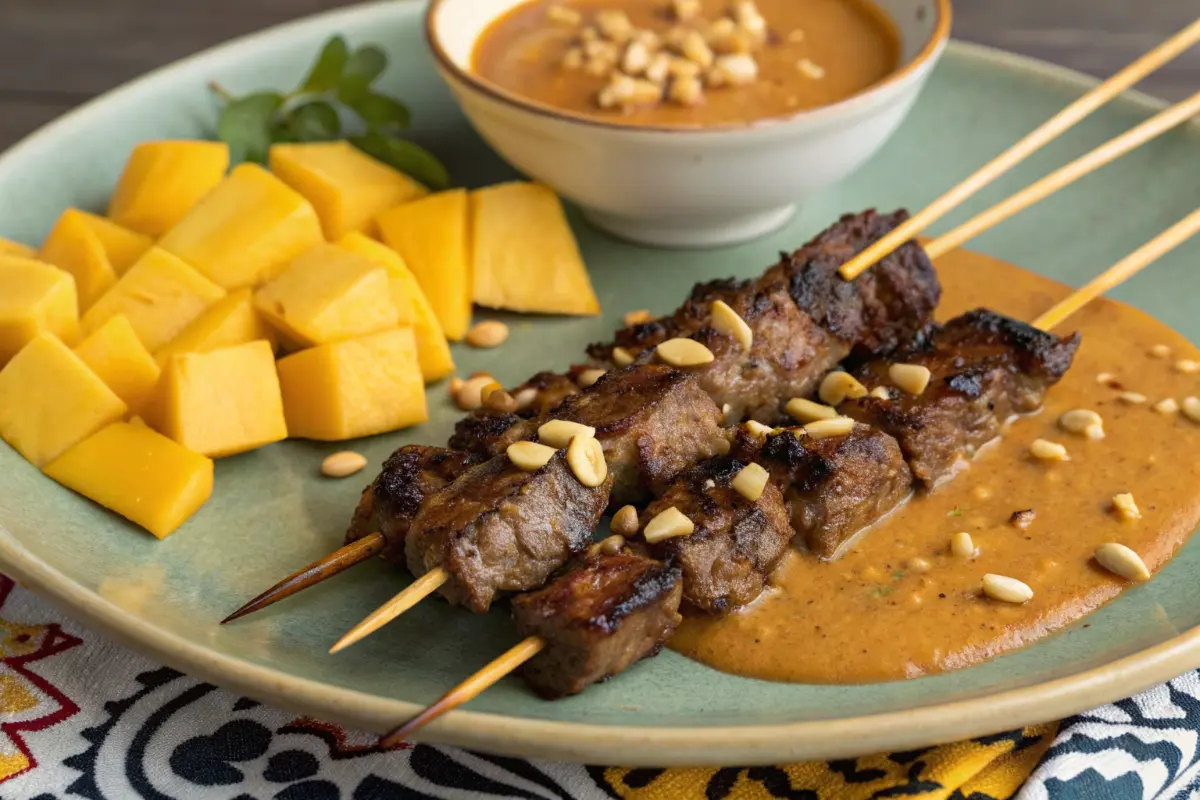Beef Satay with Spicy Peanut Sauce, Mango & Peanut Garnish
