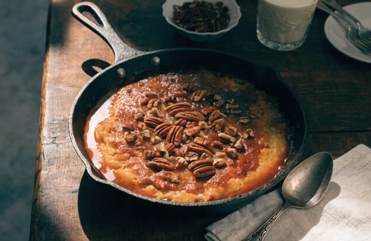 Buttered Pecan Skillet Pudding Recipe with toasted pecans