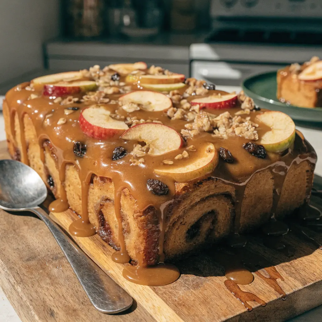 Caramel Apple Cinnamon Roll Bake served warm with caramel drizzle