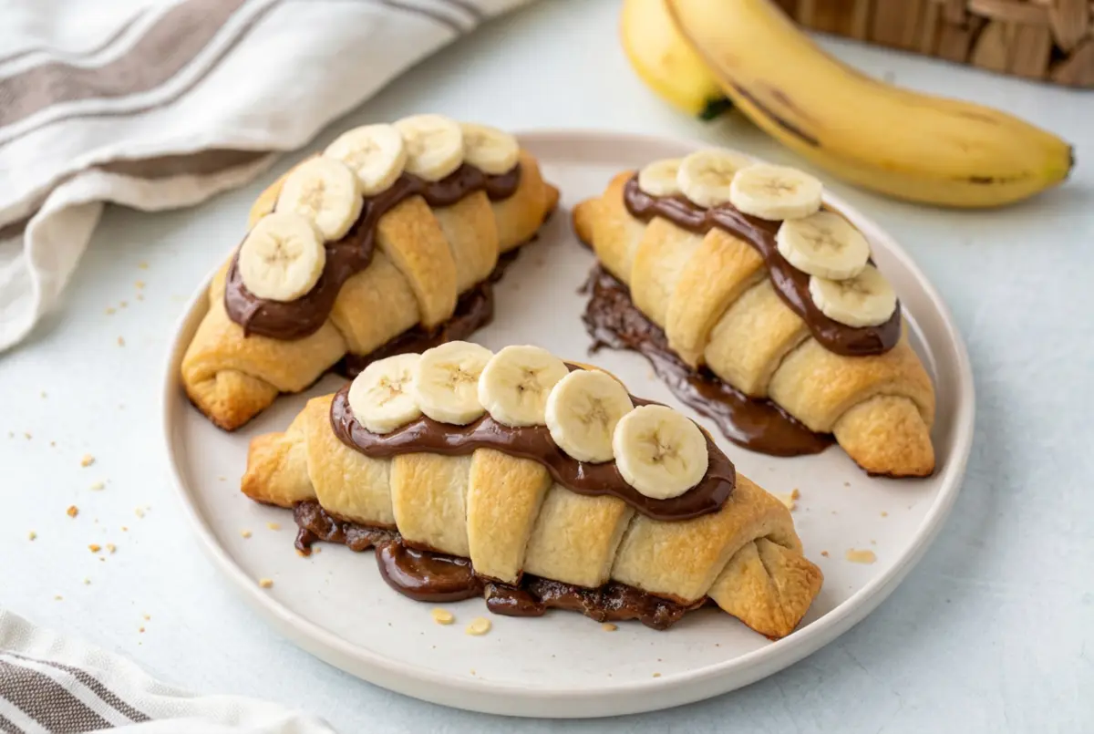 Chocolate Banana Crescents Recipe with flaky pastry, melted chocolate, and fresh banana slices