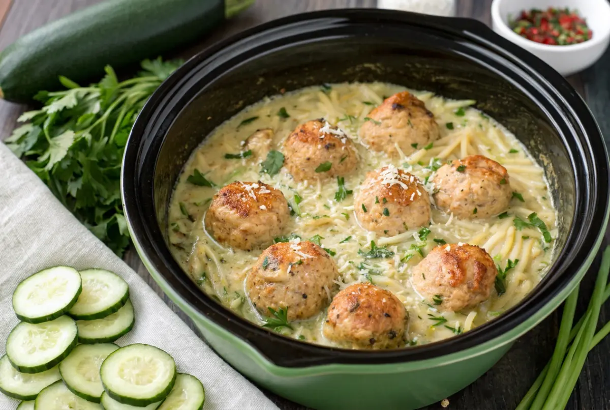 Crockpot Chicken Meatballs with Creamy Zucchini Orzo