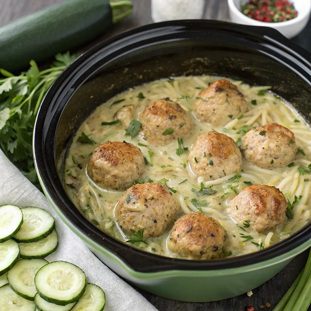 Crockpot Chicken Meatballs with Creamy Zucchini Orzo