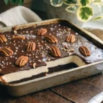 German Chocolate Pecan Cream Cheese Dump Cake served warm with toasted pecans and coconut