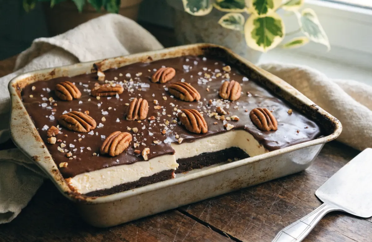 German Chocolate Pecan Cream Cheese Dump Cake served warm with toasted pecans and coconut