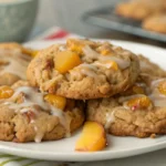 Iced Brown Butter Peach Oatmeal Cookies with vanilla icing on a cooling rack