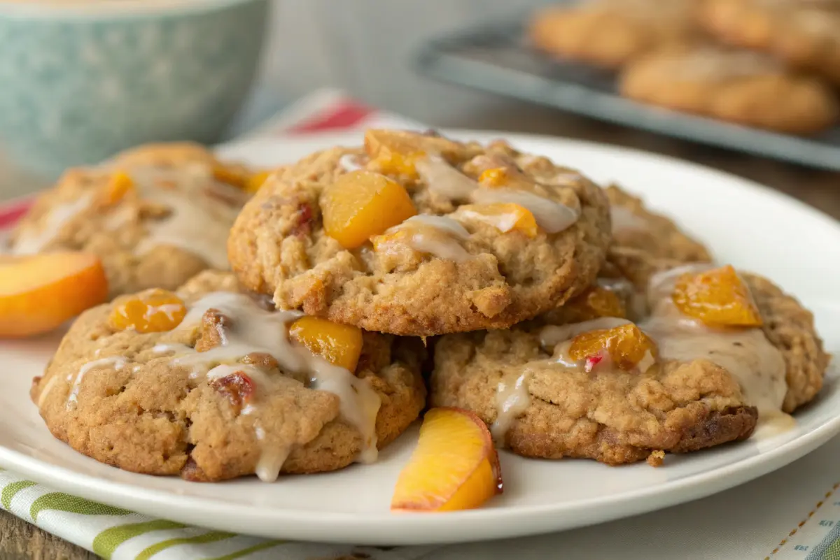 Iced Brown Butter Peach Oatmeal Cookies with vanilla icing on a cooling rack