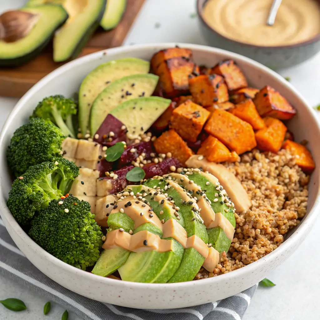Meatless grain bowl recipe with quinoa and roasted vegetables