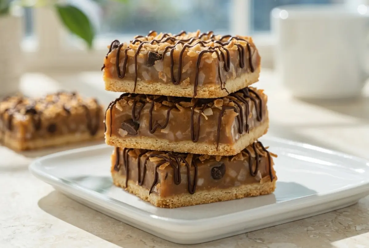 Samoa Cookie Bars Recipe with caramel coconut and chocolate