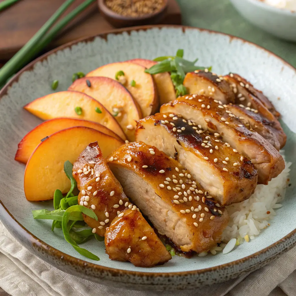 Teriyaki Chicken with Ginger Peaches and Sesame Drench