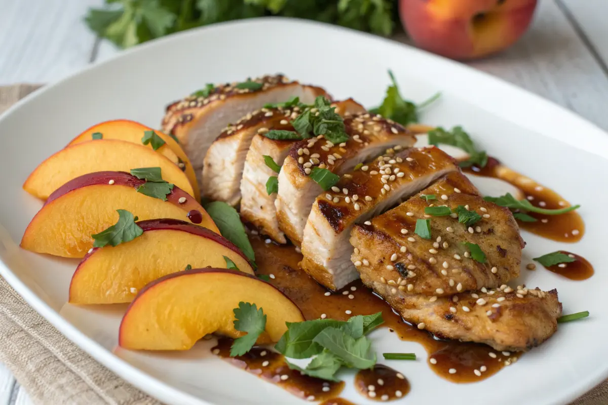 Teriyaki Chicken with Ginger Peaches and Sesame Drench
